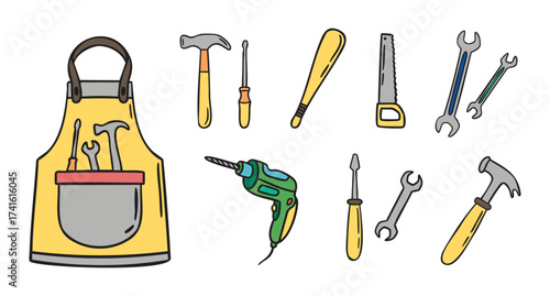 Set of construction tools drill hammer wrench screwdriver saw and apron, hand drawn doodle