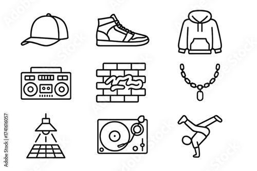 Hip-Hop Dance Icons. Outline icon set of hip-hop group dance: baseball cap, sneakers, hoodie, boombox,