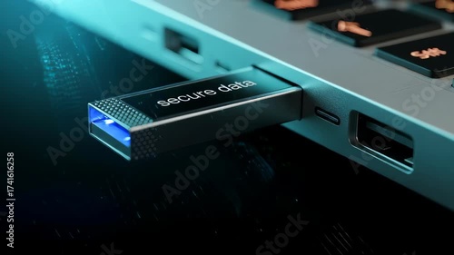 Secure data storage with usb drive connected to laptop for quick backup. Secure data transfer on usb drive includes data protection and information safety.