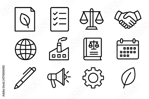 Environmental Policy Icons. Outline icon set of environmental policy development: document, checklist, scales,
