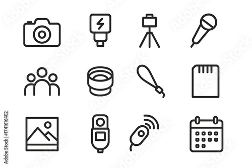 Event Photography Icons. Outline icon set of event photography: camera, flash, tripod, microphone, crowd, lens
