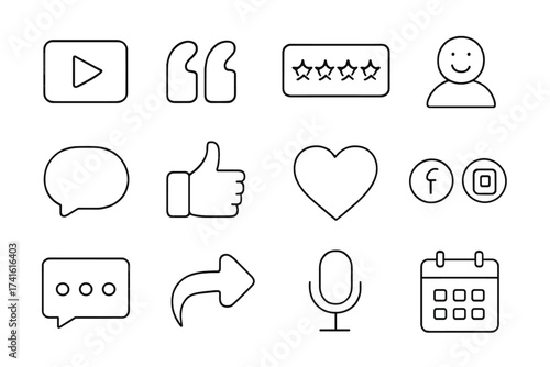 Online Testimonial Icons. Outline icon set of online testimonials: video play button, quotation marks, star