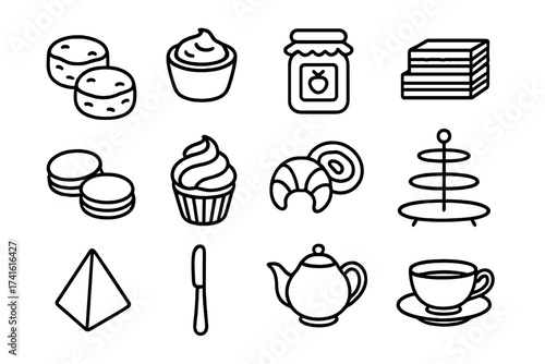 Afternoon Tea Icons. Outline icon set of afternoon tea treats: scones, clotted cream, jam jar, finger