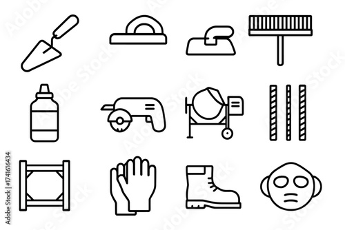 Concrete Tools Icons. Outline icon set of concrete finishing tools: trowel, float, edger, broom, curing