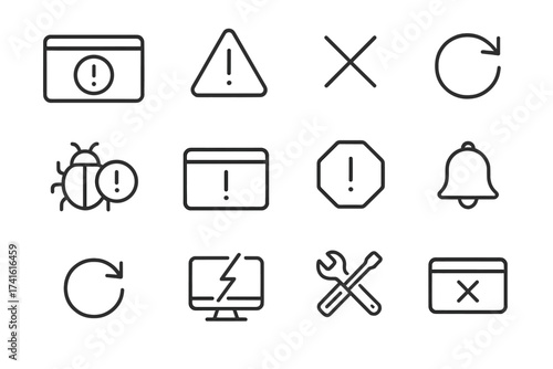 User Error Icons. Outline icon set of user error messages: error dialog, warning icon, close button, retry