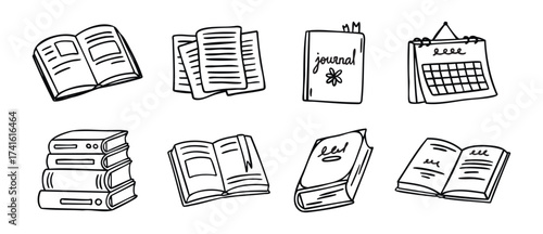 Books set open and closed colorful books and stacks line art outline, monochrome hand drawn.