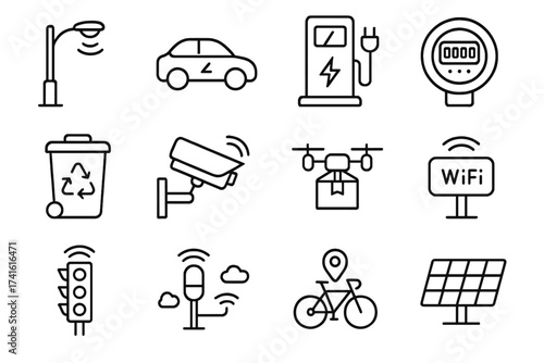 Smart City Icons. Outline icon set of smart city: smart streetlight, electric car, charging station, smart