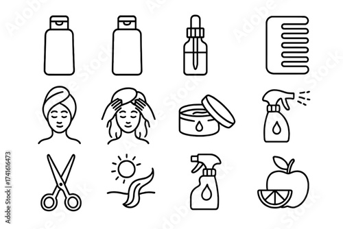 Haircare Tips Icons. Outline icon set of haircare tips infographic: shampoo bottle, conditioner bottle, hair