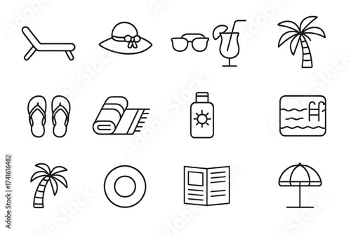 Poolside Relaxation Icons. Outline icon set of relaxing by the pool: lounge chair, sun hat, sunglasses,