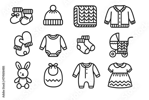 Baby Knitwear Icons. Outline icon set of baby knitwear: baby booties, baby hat, baby blanket, baby cardigan,