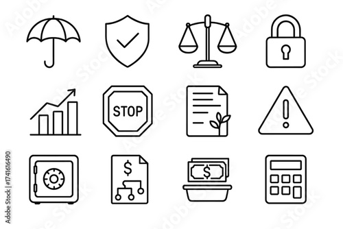 Investment Protection Icons. Outline icon set of investment protection strategies: umbrella, insurance shield,