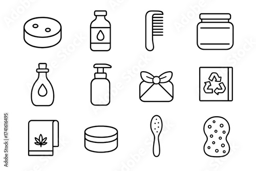 Eco Haircare Icons Set. Outline icon set of eco-friendly haircare: solid shampoo bar, refill bottle, bamboo