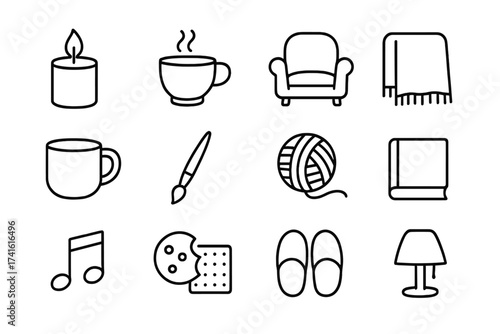 Relaxing Night Icons. Outline icon set of relaxing creative night: lit candle, cup of tea, cozy chair, throw
