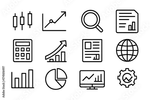 Market Analysis Icons. Outline icon set of market analysis: candlestick chart, line graph, magnifying glass,