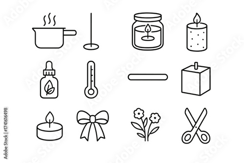 DIY Candle Icon Set. Outline icon set of DIY candle-making night: wax pot, wick, jar candle, pillar candle,