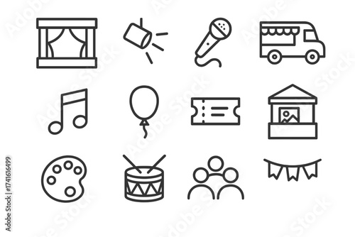 Art Festival Icons. Outline icon set of art festivals: stage, spotlight, microphone, food truck, music note,
