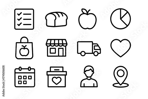 Food Management Icons. Outline icon set of food inventory management: checklist, bread loaf, apple, pie chart,