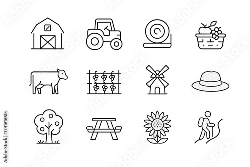 Agri-Tourism Icon Set. Outline icon set of agri-tourism experiences: barn, tractor, hay bale, fruit basket,