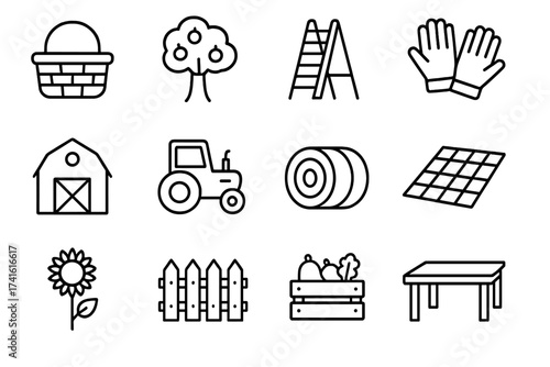 Community Harvest Icons. Outline icon set of community harvest events: basket, fruit tree, ladder, gloves,