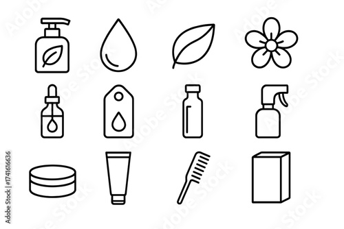 Natural Hair Oil Icons. Outline icon set of natural hair oil blends: pump bottle, oil droplet, leaf, flower,