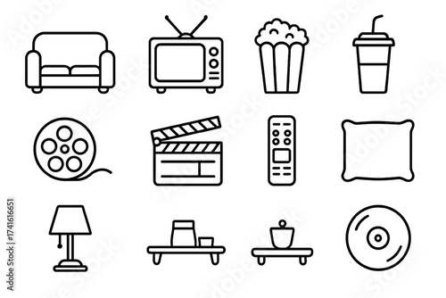 Retro Movie Night Icons. Outline icon set of retro film night: couch, vintage TV, popcorn bucket, soda cup,
