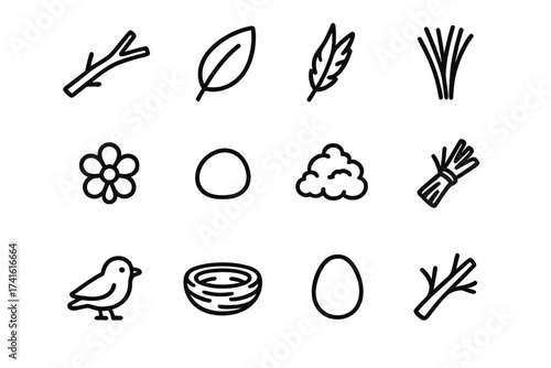 Bird Nest Icon Set. Outline icon set of bird nest materials: twig, leaf, feather, grass, flower, small stone,