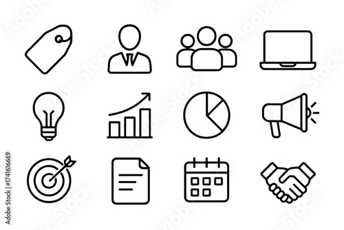Brand Strategy Icons Set. Outline icon set of brand strategy management: brand tag, manager silhouette, group