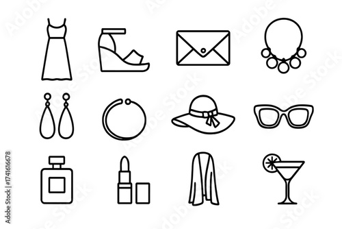 Luxury Resort Icons. Outline icon set of luxury resort evening wear: maxi dress, wedge sandals, clutch bag,