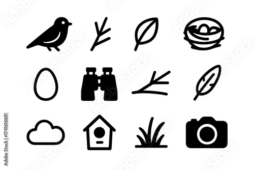 Bird Watching Icon Set. Outline icon set of watching birds build nests: bird silhouette, twig, leaf, nest, egg