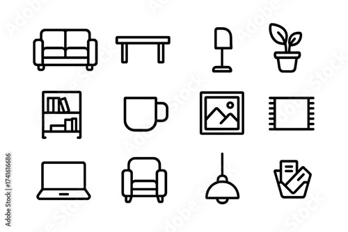 Office Lounge Icons. Outline icon set of office lounge areas: sofa, coffee table, floor lamp, potted plant,