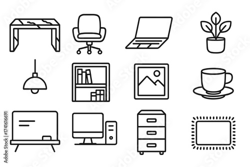 Office Icon Set. Outline icon set of high-end office interiors: marble desk, designer chair, laptop, potted