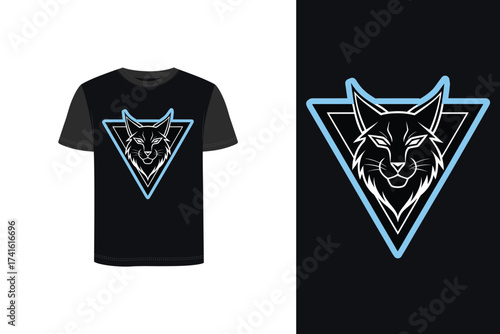 Stylized Tshirt mockup lynx head graphic within a light blue triangle animal face