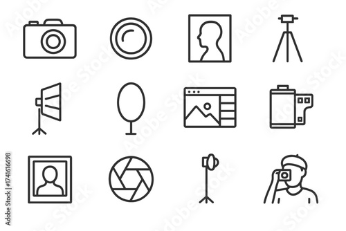 Photography Icon Set. Outline icon set of timeless monochrome headshots: camera, lens, portrait silhouette,