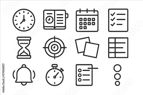 Time Management Icons. Outline icon set of time management for remote work: clock, planner, calendar, to-do