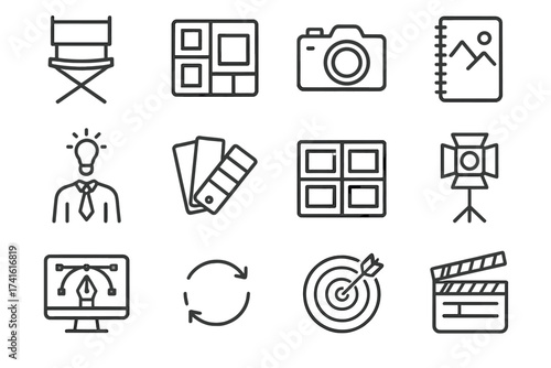 Art Direction Icons. Outline icon set of art direction and leadership: art director chair, mood board, photo