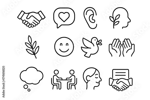 Conflict Resolution Icons. Outline icon set of conflict resolution with empathy: handshake, heart speech