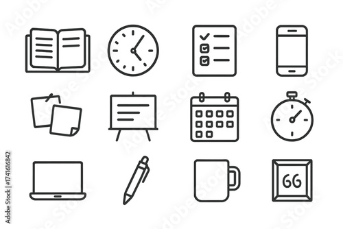Productivity Icons Set. Outline icon set of productivity boosters at home: planner, clock, to-do list,