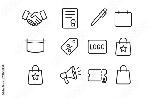 Sponsorship Icon Set. Outline icon set of sponsorship deals: handshake, contract, pen, banner, percentage tag,