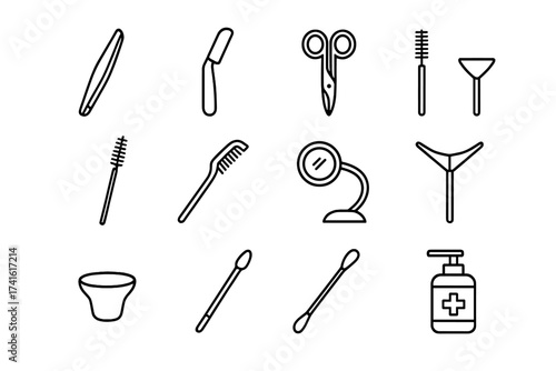Eyebrow Salon Tools Icons. Outline icon set of eyebrow salon tools: tweezers, brow razor, brow scissors, brow