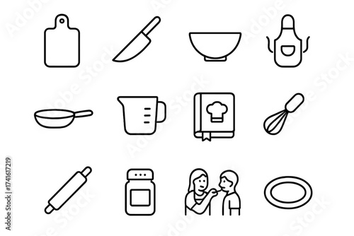 Cooking Essentials Icons. Outline icon set of cooking together: cutting board, chef knife, mixing bowl, whisk,