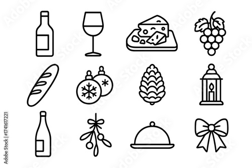 Holiday Wine Icon Set. Outline icon set of Christmas wine and cheese party: wine bottle, wine glass, cheese