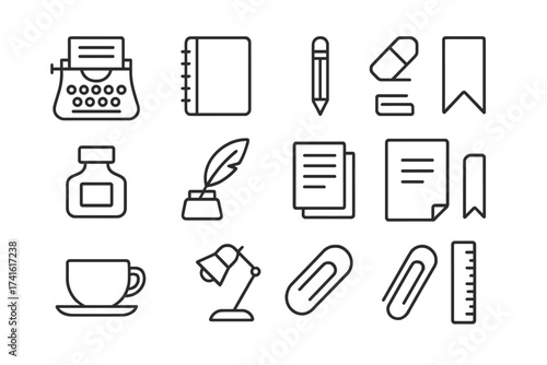 Creative Writing Tools. Outline icon set of creative writing tools: typewriter, notebook, pencil, eraser, ink