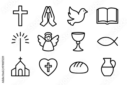 Christian Miracles Icons. Outline icon set of Christian miracles: cross, praying hands, dove, open Bible, rays