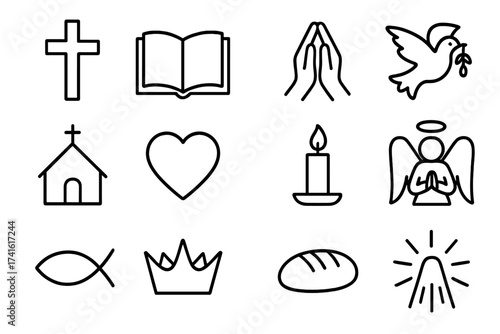 Worship Icon Collection. Outline icon set of worship and praise: cross, open Bible, praying hands, dove,