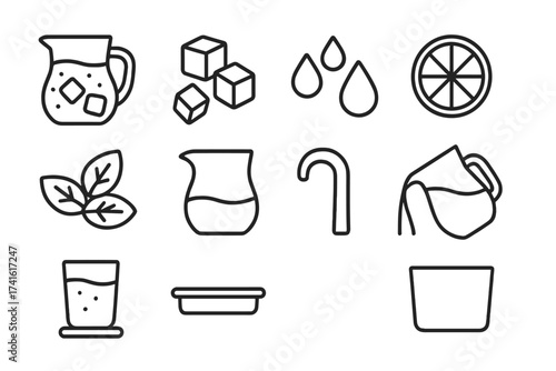 Chilled Water Icons. Outline icon set of chilled water service: glass jug, ice cubes, condensation drops,