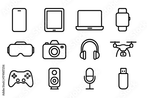 Hybrid Gadget Icons. Outline icon set of hybrid tech gadgets: smartphone, tablet, laptop, smartwatch, VR