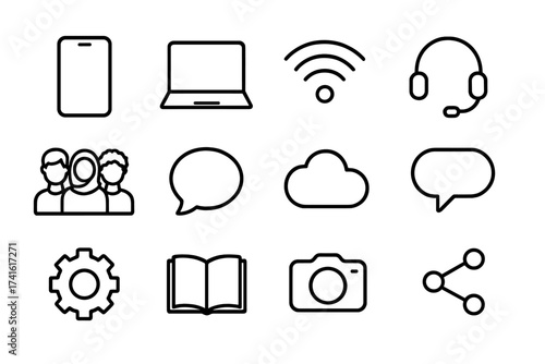 Digital Inclusivity Icons. Outline icon set of digital inclusivity: smartphone, laptop, wifi signal, headset,
