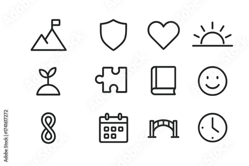 Emotional Resilience Icons. Outline icon set of emotional resilience: mountain peak, shield, heart, sunrise,