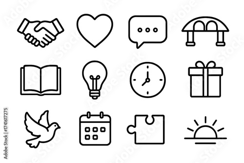 Rebuilding Trust Icons. Outline icon set of rebuilding trust after betrayal: handshake, heart, speech bubble,