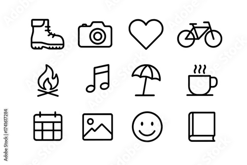 Icons of Shared Experiences. Outline icon set of shared experiences: hiking boots, camera, heart, bicycle,